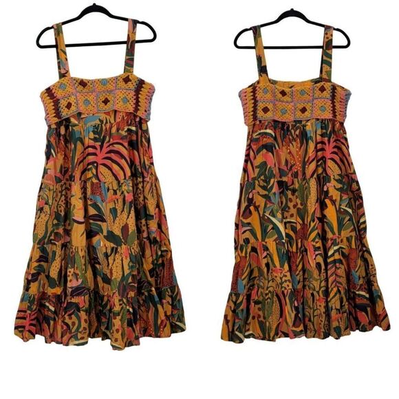 Farm Rio Anthropologie Dress Crochet Tiered Ruffle Midi Colorful Tiger Tropic L - Picture 3 of 16